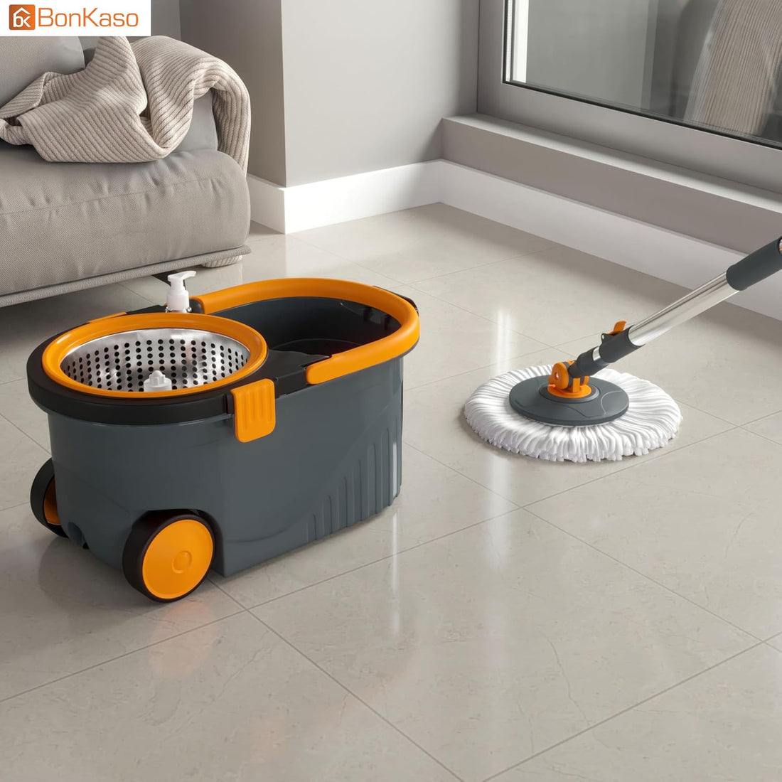Spin Mop with Stainless Steel Wringer & Big Wheels