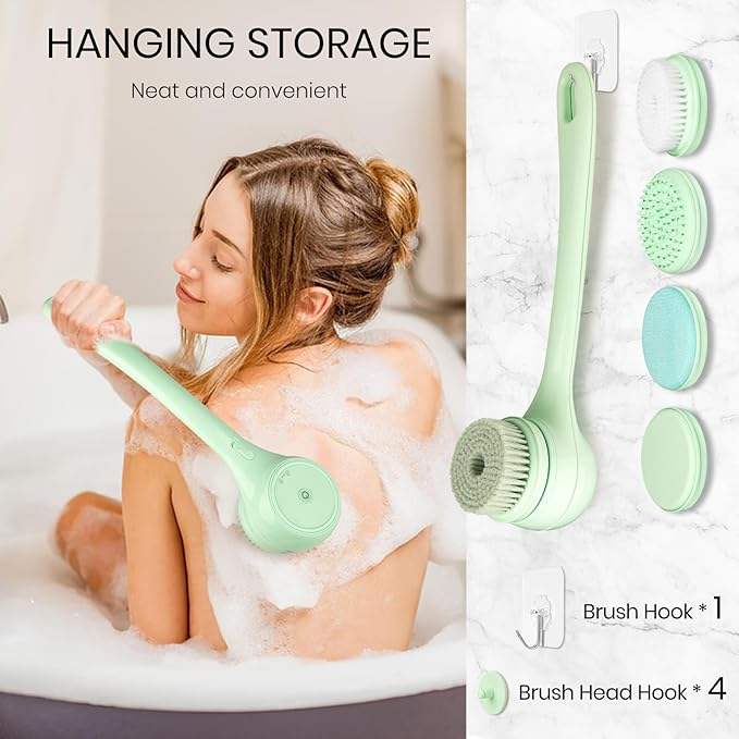 5-in-1 Rechargeable Electric Body Brush Back Scrubber for Shower, Waterproof Long Dual Handle Power Body Scrubber