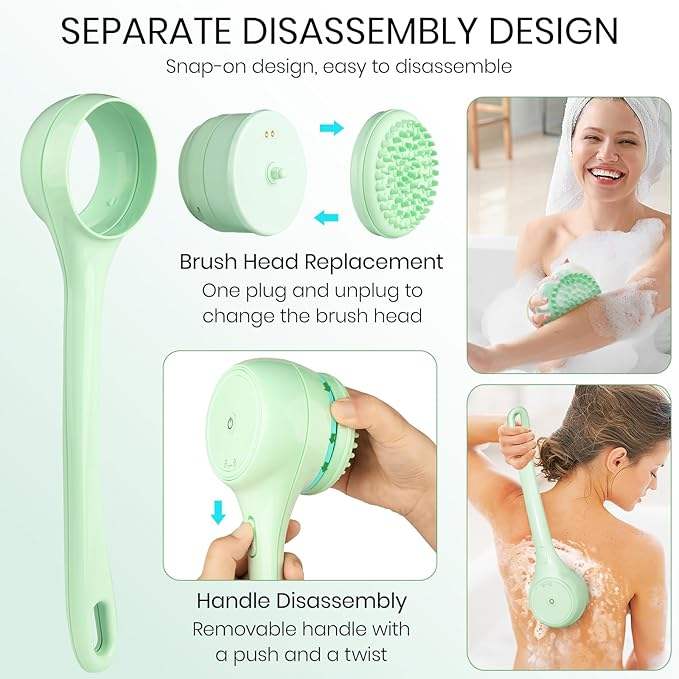 5-in-1 Rechargeable Electric Body Brush Back Scrubber for Shower, Waterproof Long Dual Handle Power Body Scrubber