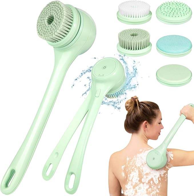 5-in-1 Rechargeable Electric Body Brush Back Scrubber for Shower, Waterproof Long Dual Handle Power Body Scrubber