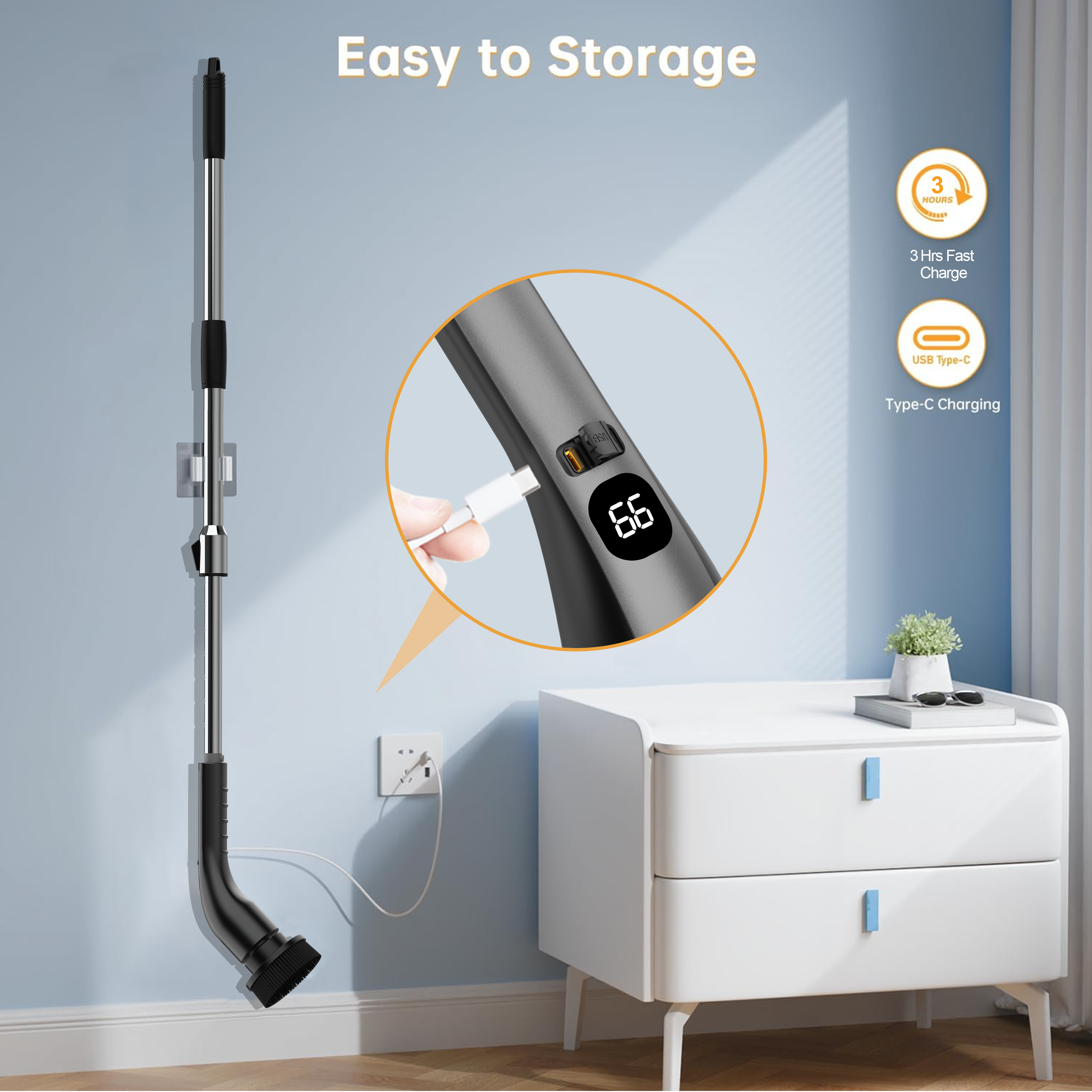 Home Kitchen Floor Cleaning Brush Long Handle Extendable Wireless Electric Rotating Model with Plastic Material