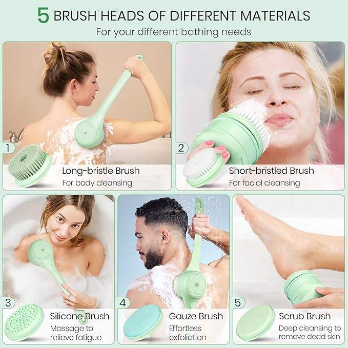 5-in-1 Rechargeable Electric Body Brush Back Scrubber for Shower, Waterproof Long Dual Handle Power Body Scrubber
