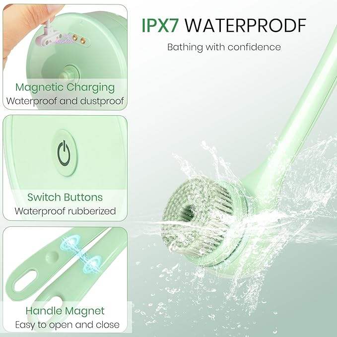 5-in-1 Rechargeable Electric Body Brush Back Scrubber for Shower, Waterproof Long Dual Handle Power Body Scrubber